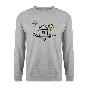 Maison avec arbre et soleil. Dessin. Dessiné à la main - Sweat-shirt Unisexe - gris chiné - Devant - Alina (178cm) & Michal (187cm)