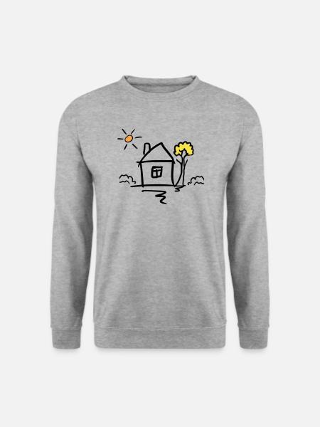 Haus mit Baum und Sonne. Zeichnung. Handgezeichnet - Unisex Pullover - Weißgrau meliert