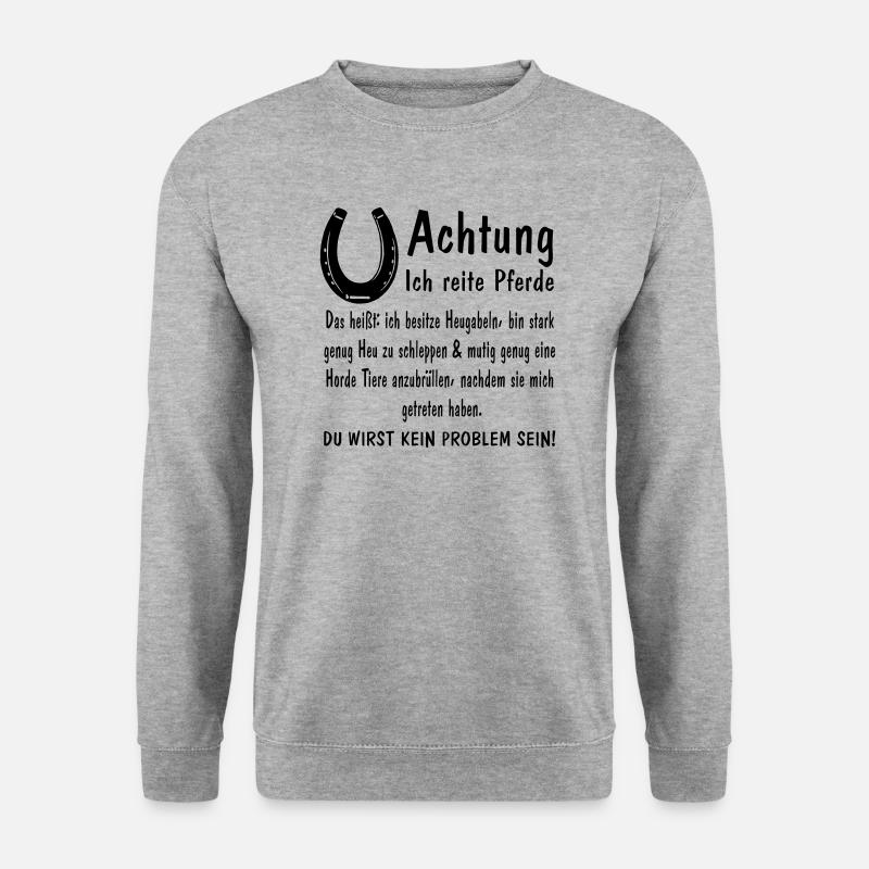 Achtung ich reite Pferde Heugabeln stark mutig - Unisex Pullover - Weißgrau meliert