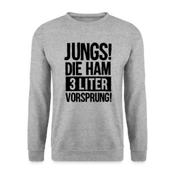 JUNGS, DIE HAM 3 LITER VORSPRUNG! ALKOHOL SPRUCH - Unisex Pullover - Weißgrau meliert - Vorne - Alina (178cm) & Michal (187cm)