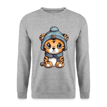 Tiger Tier Baby Comic Winter - Unisex Pullover - Weißgrau meliert - Vorne - Alina (178cm) & Michal (187cm)