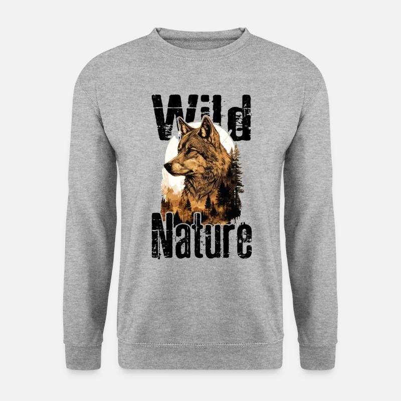 Wolf Wild Nature Wolfskopf Wildnis Wald Bäume - Unisex Pullover - Weißgrau meliert