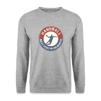 handball label Handballer uses retro - Unisex Pullover - Weißgrau meliert - Vorne - Alina (178cm) & Michal (187cm)