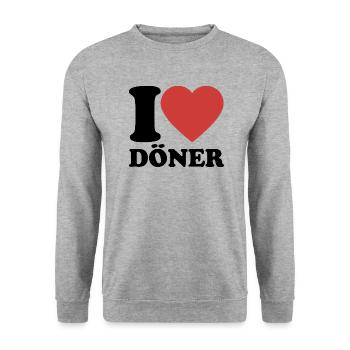 I Love Döner - Herz - Fast Food - Geschenk - Unisex Pullover - Weißgrau meliert - Vorne - Alina (178cm) & Michal (187cm)