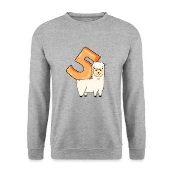 5 Jahre alt - 5. Geburtstag mit Tier Motiv - Unisex Pullover - Weißgrau meliert - Vorne - Alina (178cm) & Michal (187cm)