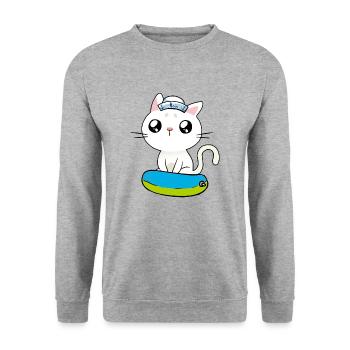 Maritim Katze Seenot Matrose Ahoi Schwimmring - Unisex Pullover - Weißgrau meliert - Vorne - Alina (178cm) & Michal (187cm)