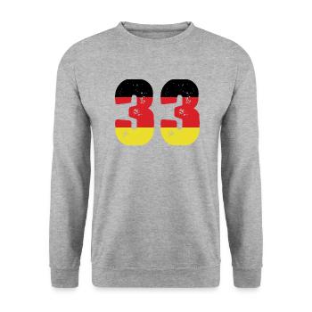 33 Numéro Jersey Allemagne - Sweat-shirt Unisexe - gris chiné - Devant - Alina (178cm) & Michal (187cm)
