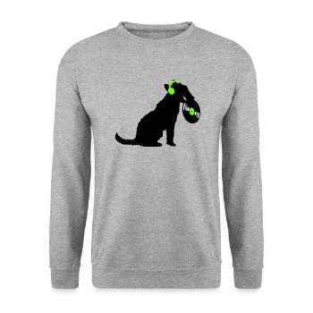 Hund DJ Musik Auflegen Club Disko Schallplatte Fun - Unisex Pullover - Weißgrau meliert - Vorne - Alina (178cm) & Michal (187cm)