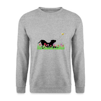 Spring design - playing dog, meadow, bee - Unisex Sweatshirt - salt & pepper - Front - Alina (178cm) & Michal (187cm)