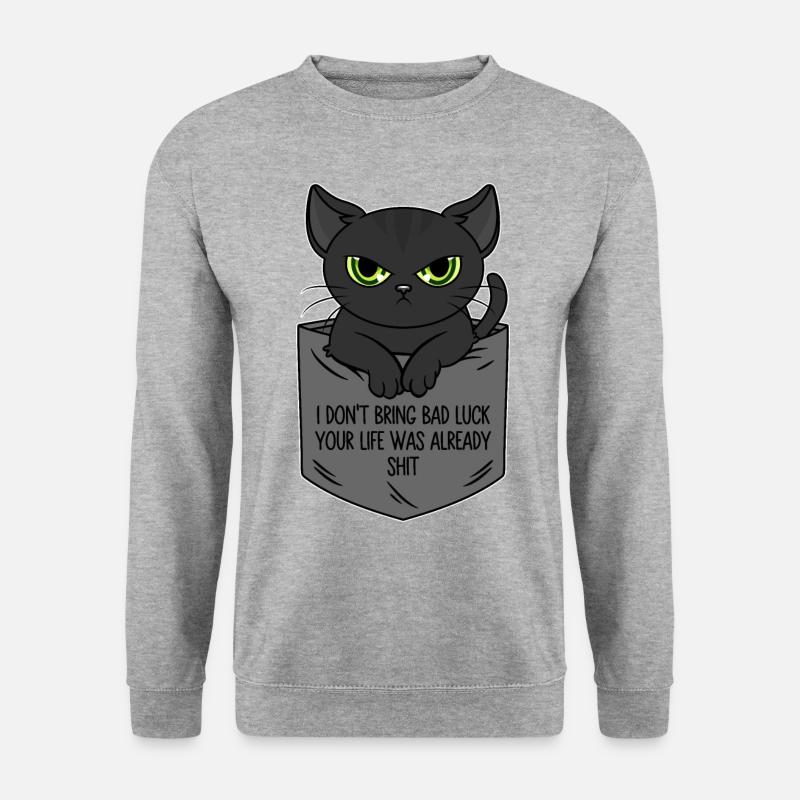Schwarze Katze Brusttasche Ich bringe kein Unglück - Unisex Pullover - Weißgrau meliert