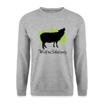 "Wolf im Schafspelz: Täuschend charmant" - Unisex Pullover - Weißgrau meliert - Vorne - Alina (178cm) & Michal (187cm)