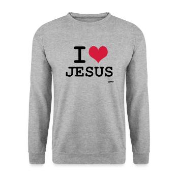 i love jesus by wam - Unisex Pullover - Weißgrau meliert - Vorne - Alina (178cm) & Michal (187cm)