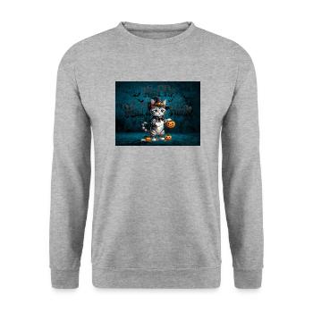 Gespenstische niedliche Halloween-Katze Spooky - Unisex Pullover - Weißgrau meliert - Vorne - Alina (178cm) & Michal (187cm)