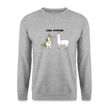 Einhorn und Lama - Unisex Pullover - Weißgrau meliert - Vorne - Alina (178cm) & Michal (187cm)