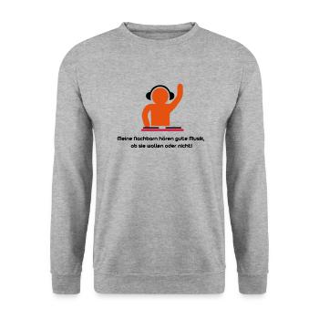 Meine Nachbarn hören gute Musik, - Unisex Pullover - Weißgrau meliert - Vorne - Alina (178cm) & Michal (187cm)