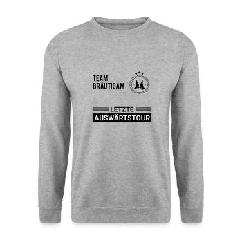 Letzte Auswärtstour | Team Bräutigam | JGA - Unisex Pullover - Weißgrau meliert - Vorne - Alina (178cm) & Michal (187cm)