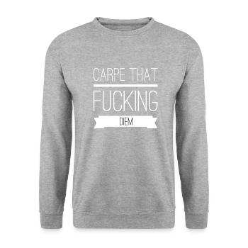 Carpe that fucking diem Quote - Unisex Pullover - Weißgrau meliert - Vorne - Alina (178cm) & Michal (187cm)