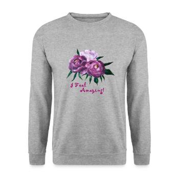 fühle erstaunliche Pfingstrosen - Unisex Pullover - Weißgrau meliert - Vorne - Alina (178cm) & Michal (187cm)