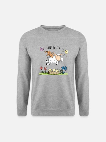 Osterhase reitet auf einen Schaf - Unisex Pullover - Weißgrau meliert