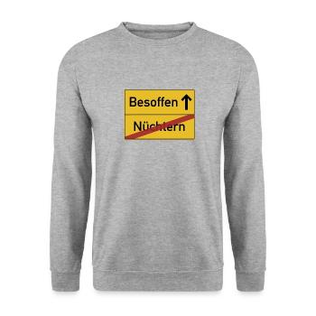 Nüchtern zu Ende - Besoffen Ortsschild - Unisex Pullover - Weißgrau meliert - Vorne - Alina (178cm) & Michal (187cm)