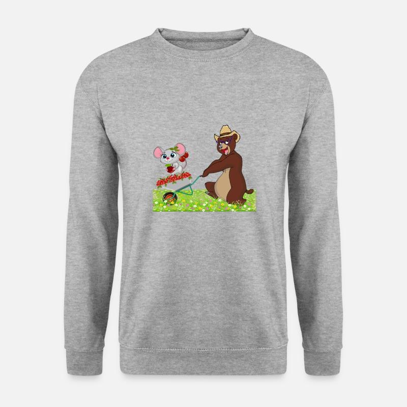 Lustiger Bär mit Maus auf einer Schubkarre - Unisex Pullover - Weißgrau meliert