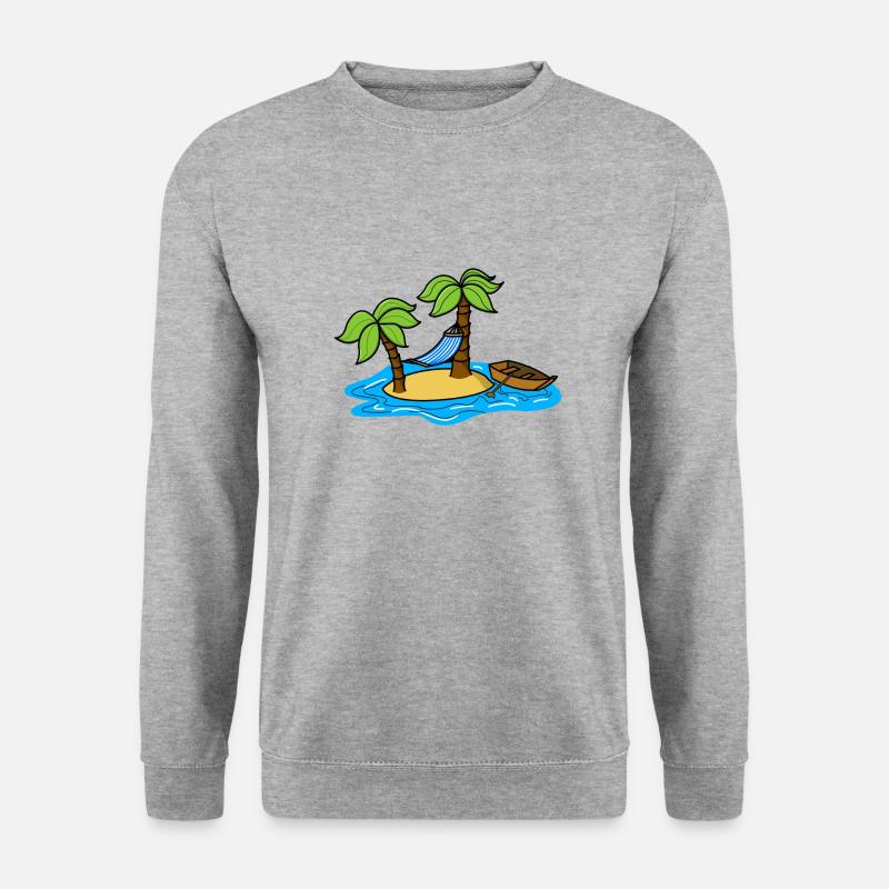 Insel mit Palmen, einer Hängematte und einem Boot - Unisex Pullover - Weißgrau meliert