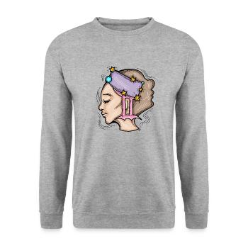 Signe du zodiaque Gémeaux. Horoscope met en vedette le visage de la femme. - Sweat-shirt Unisexe - gris chiné - Devant - Alina (178cm) & Michal (187cm)