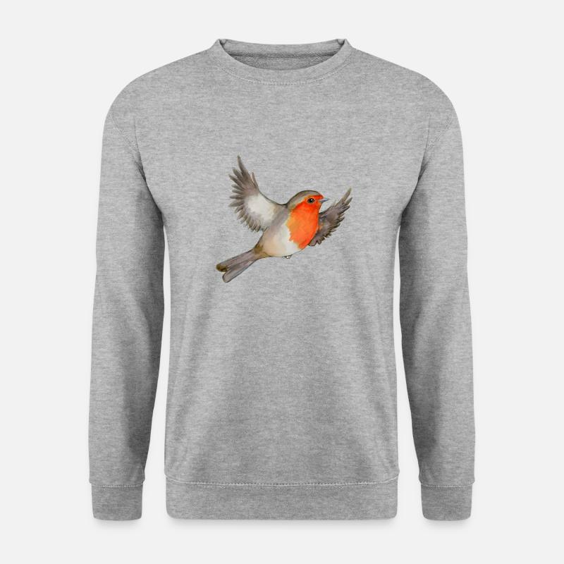Eine Aquarellzeichnung eines fliegenden Rotkehlchens - Unisex Pullover - Weißgrau meliert