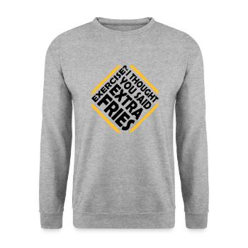 Exercise Extra Fries Zitat - Unisex Pullover - Weißgrau meliert - Vorne - Alina (178cm) & Michal (187cm)