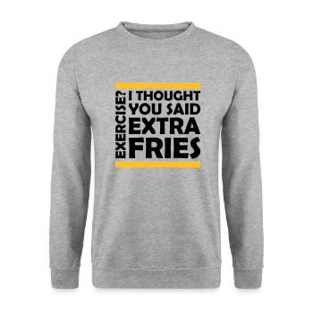 Exercise Extra Fries Zitat - Unisex Pullover - Weißgrau meliert - Vorne - Alina (178cm) & Michal (187cm)