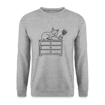 Blumenvase umgestoßen böse Katze - Unisex Pullover - Weißgrau meliert - Vorne - Alina (178cm) & Michal (187cm)