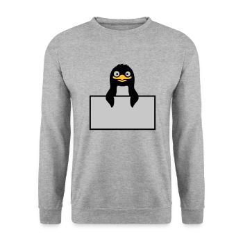 Alberner Pinguin hinter Schild - Unisex Pullover - Weißgrau meliert - Vorne - Alina (178cm) & Michal (187cm)