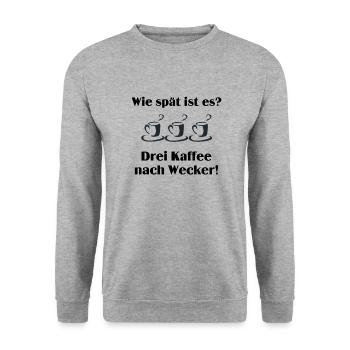 Wie spät ist es? Drei Kaffee nach Wecker - Unisex Pullover - Weißgrau meliert - Vorne - Alina (178cm) & Michal (187cm)