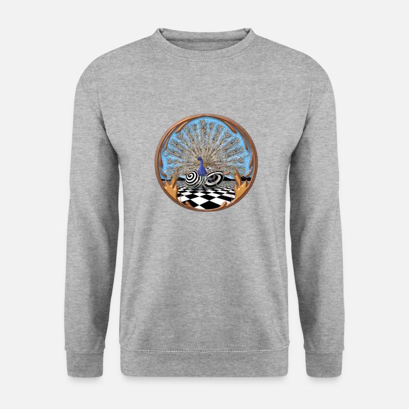 Pfau vor abstraktem Hintergrund mit Unendlichkeit - Unisex Pullover - Weißgrau meliert