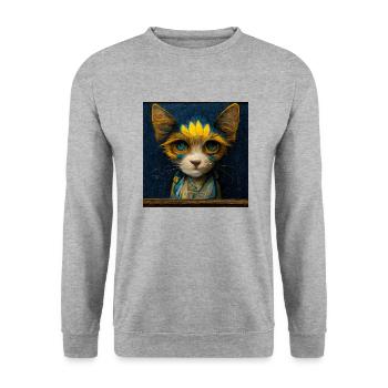 Süße Katze im Van-Gogh-Stil, sehr detailliert - Unisex Pullover - Weißgrau meliert - Vorne - Alina (178cm) & Michal (187cm)