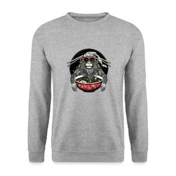 Hipster Affe genießt Ramen Nudeln Design - Unisex Pullover - Weißgrau meliert - Vorne - Alina (178cm) & Michal (187cm)