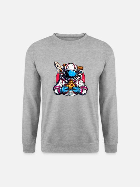 Funky Astronaut im Weltraum mit Pizza - Unisex Pullover - Weißgrau meliert