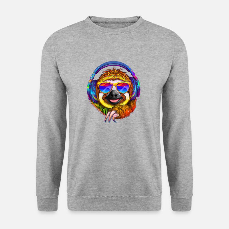 Cooles Faultier mit Kopfhörern hört Musik - Unisex Pullover - Weißgrau meliert