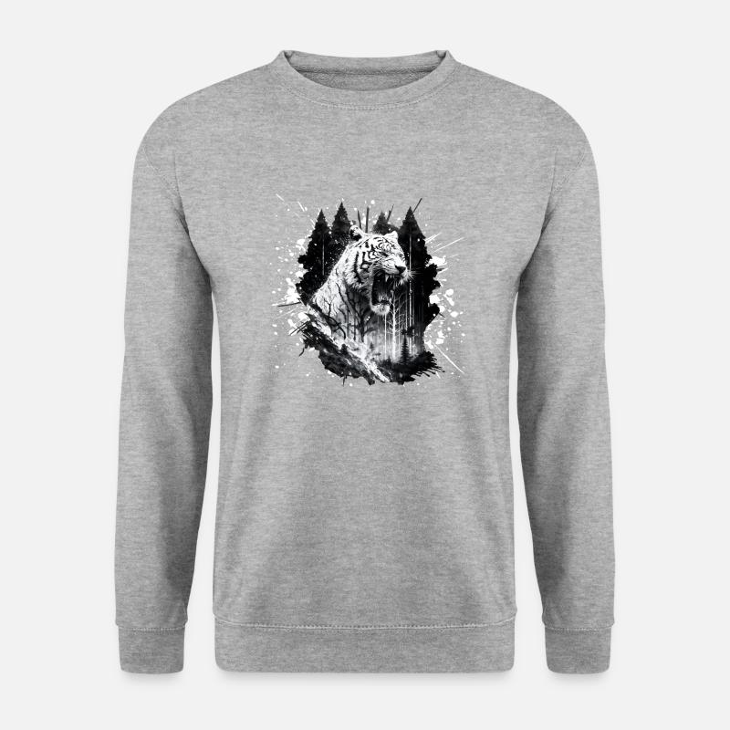 Weißer wütender brüllender Tiger im Dschungel - Unisex Pullover - Weißgrau meliert