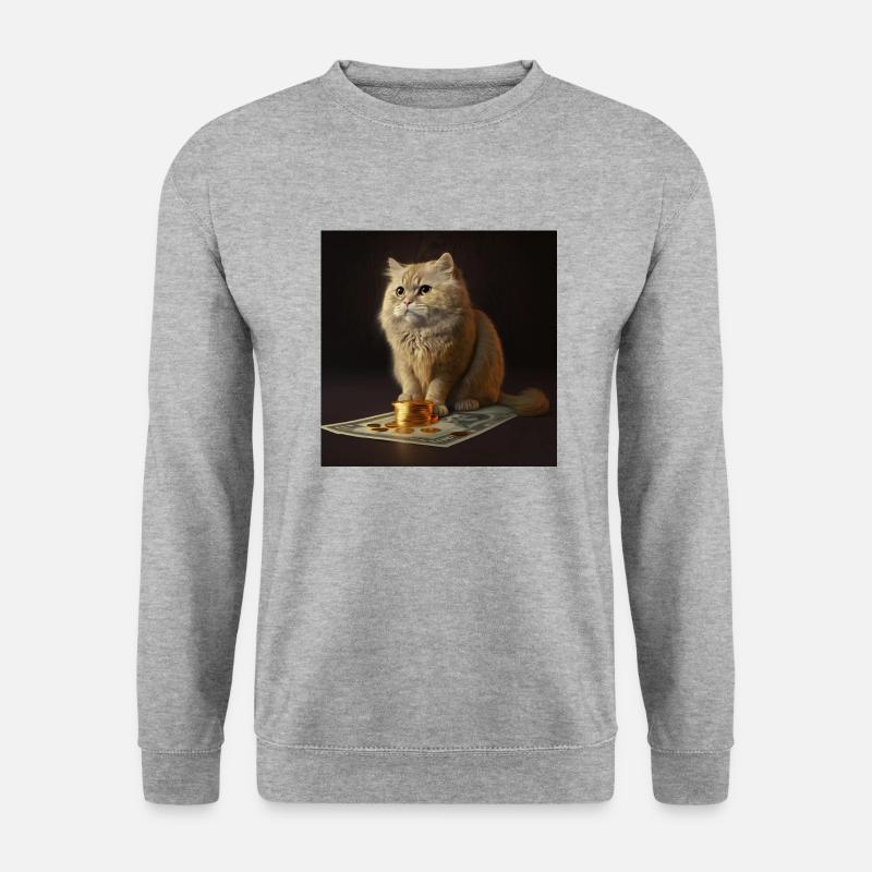 süße katze sitzt auf geld und gold - Unisex Pullover - Weißgrau meliert