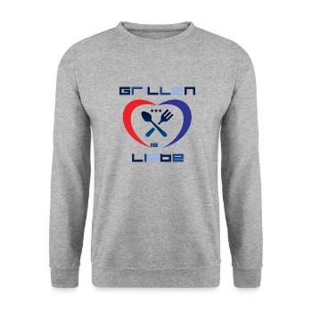 Grillen ist Liebe - Unisex Pullover - Weißgrau meliert - Vorne - Alina (178cm) & Michal (187cm)
