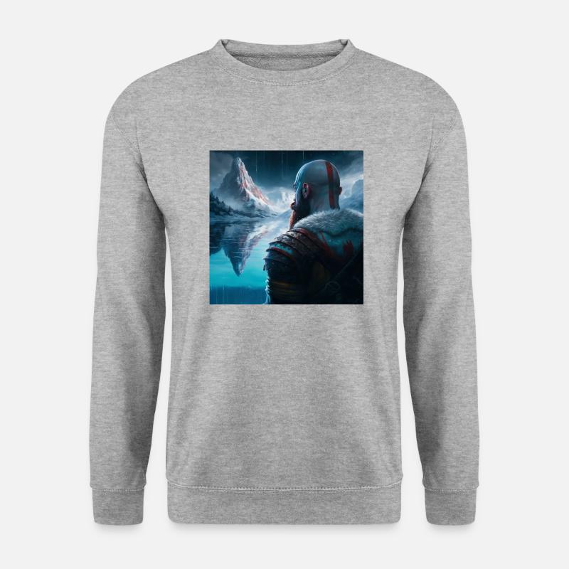 Kratos vor den Bergen - Unisex Pullover - Weißgrau meliert
