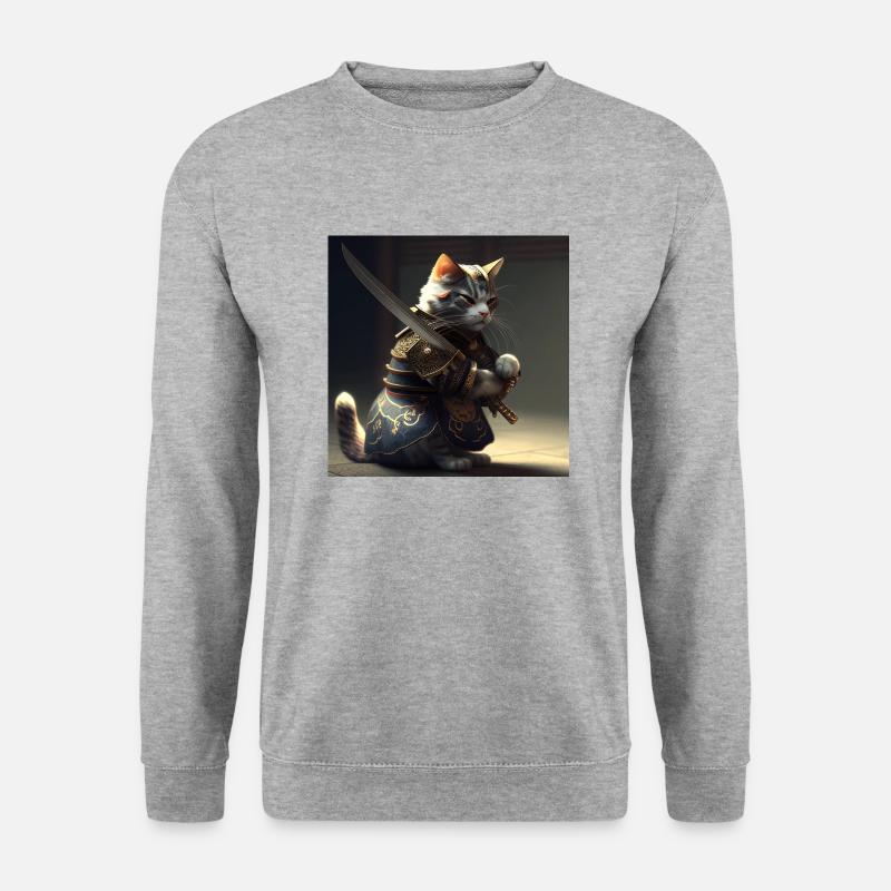 Cat Samurai with Sword - Unisex Pullover - Weißgrau meliert