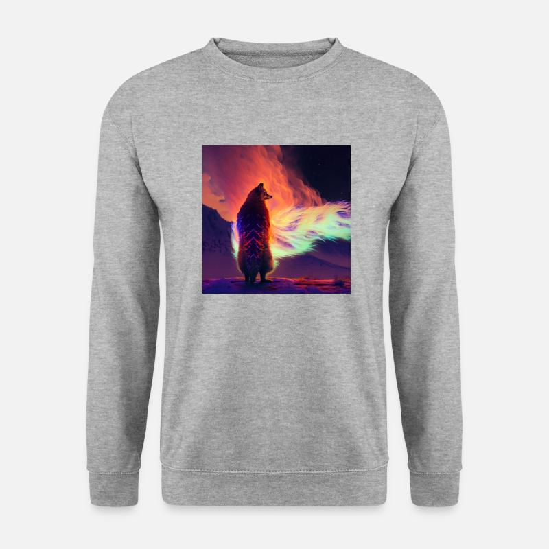 Flammen Wolf / Fuchs Nordlichter, farbiges Feuer - Unisex Pullover - Weißgrau meliert