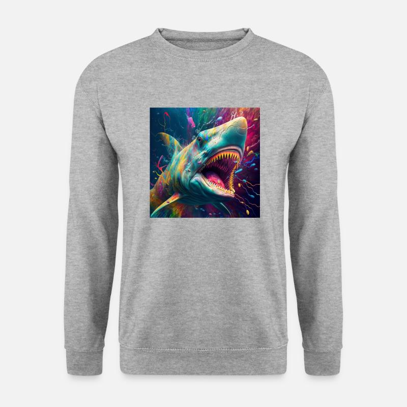 Farbiger Hai, einzigartiges Design - Unisex Pullover - Weißgrau meliert