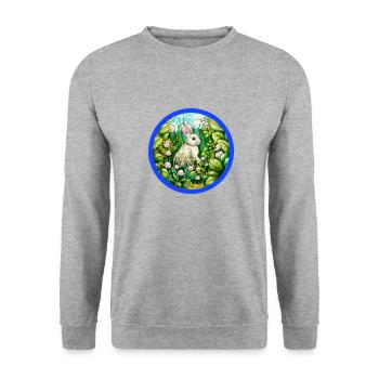 Hase mit Blümchen - Unisex Pullover - Weißgrau meliert - Vorne - Alina (178cm) & Michal (187cm)