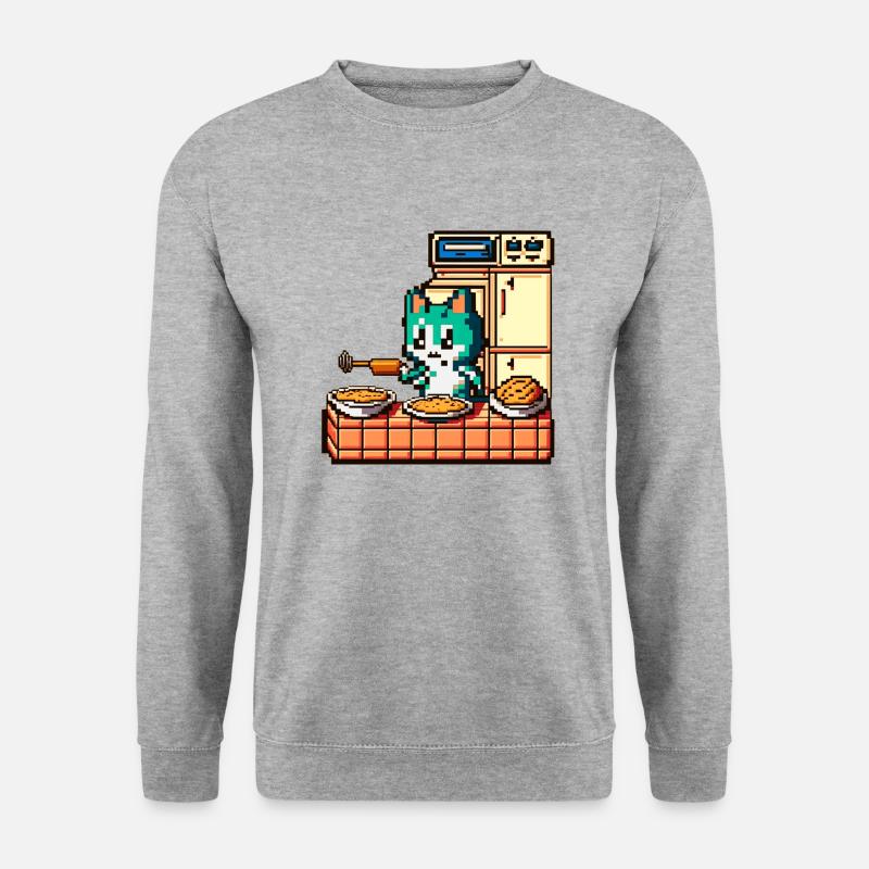 kochende Katze schwingt den Pürierstab in 8 Bit - Unisex Pullover - Weißgrau meliert