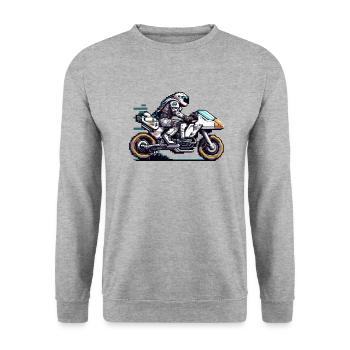 An astronaut rides an 8 bit motorcycle of the future - Unisex Sweatshirt - salt & pepper - Front - Alina (178cm) & Michal (187cm)