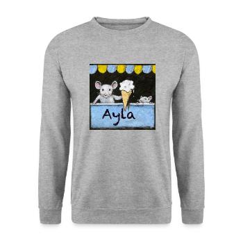 Ayla Personalised Name with mice selling Icecream - Unisex Sweatshirt - salt & pepper - Front - Alina (178cm) & Michal (187cm)