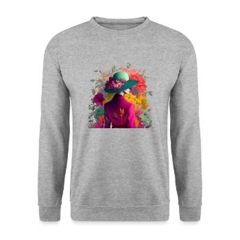 Model mit Hut und Blumen Geschenk - Unisex Pullover - Weißgrau meliert - Vorne - Alina (178cm) & Michal (187cm)